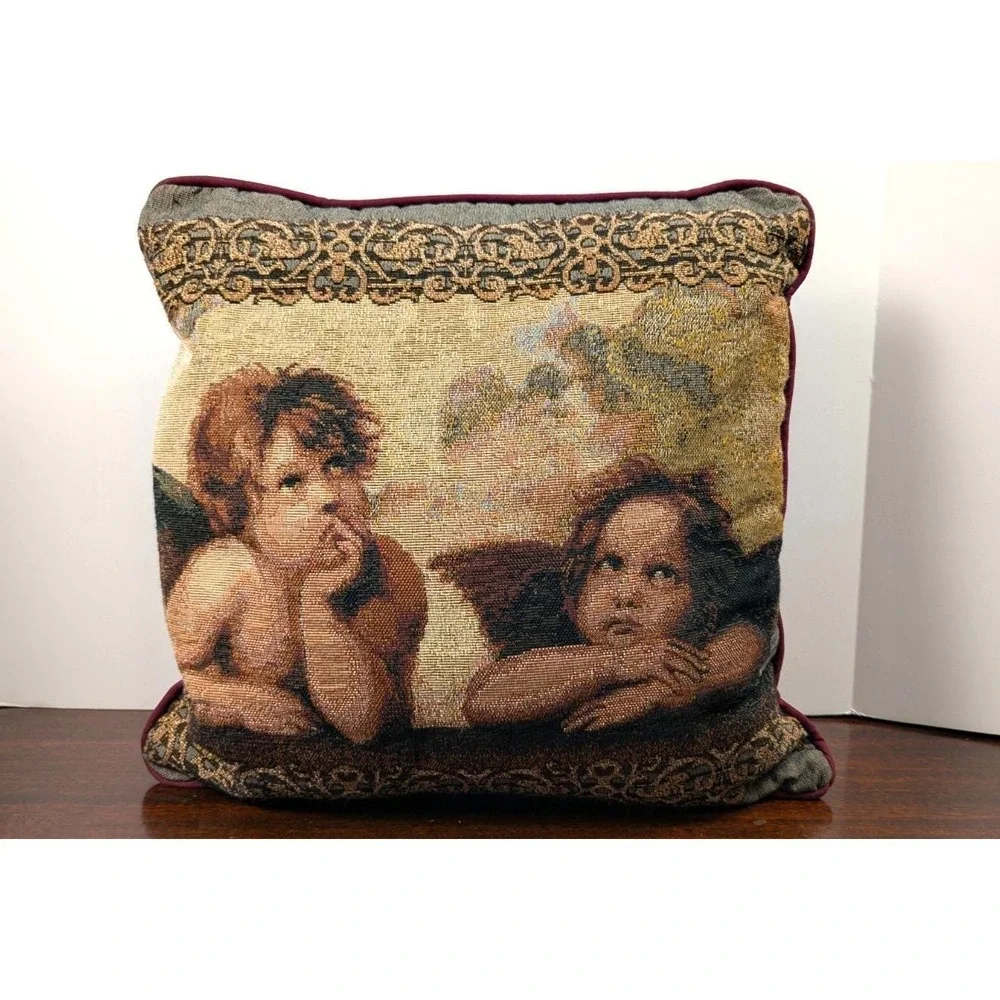 Vintage Cherub Angel Tapestry Throw Pillow & Mini Wall Hanging Set Renaissance